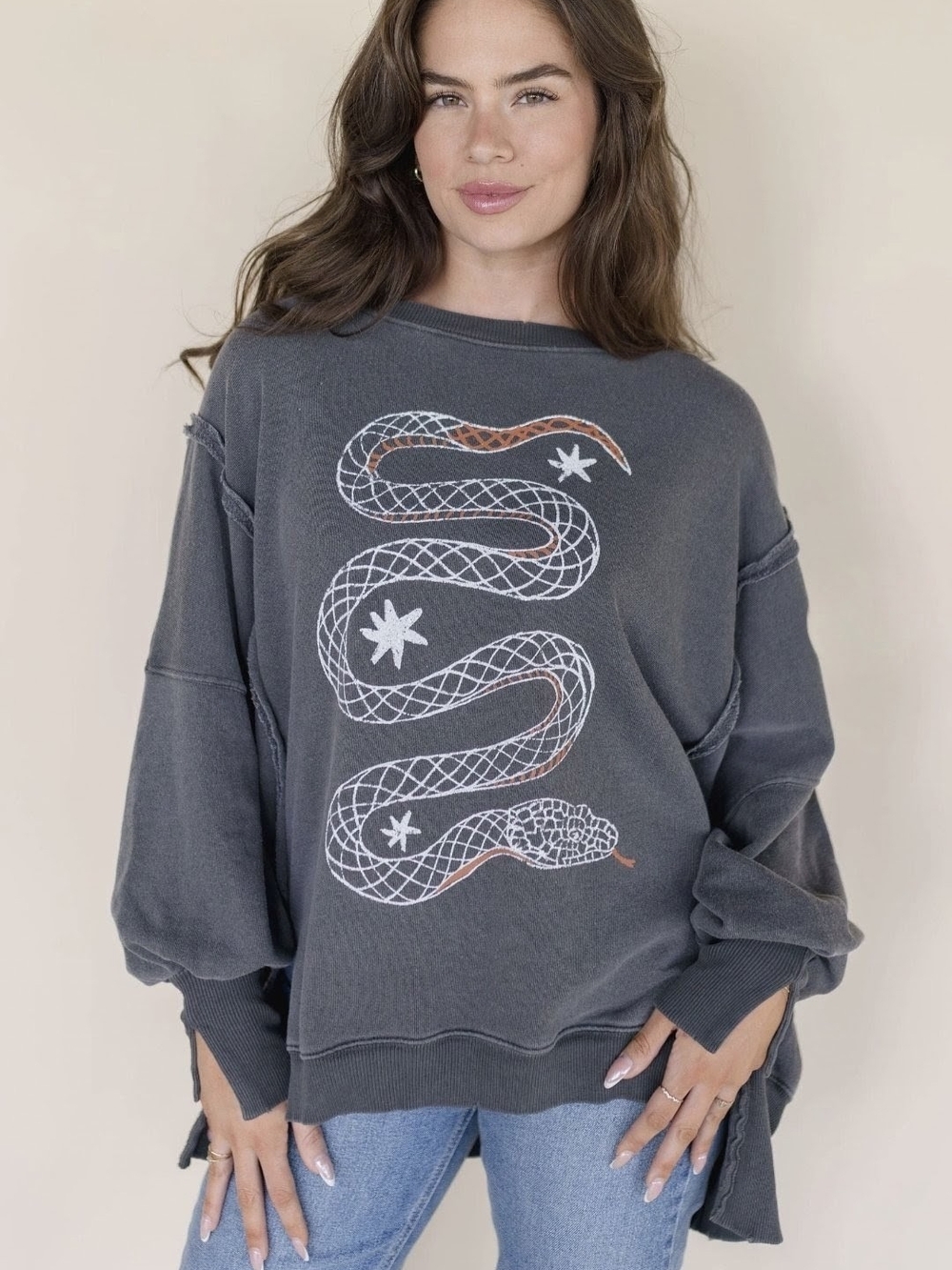 Free People Graphic Camden Pullover Sweatshirt In Snake Combo - Picture 5 of 12